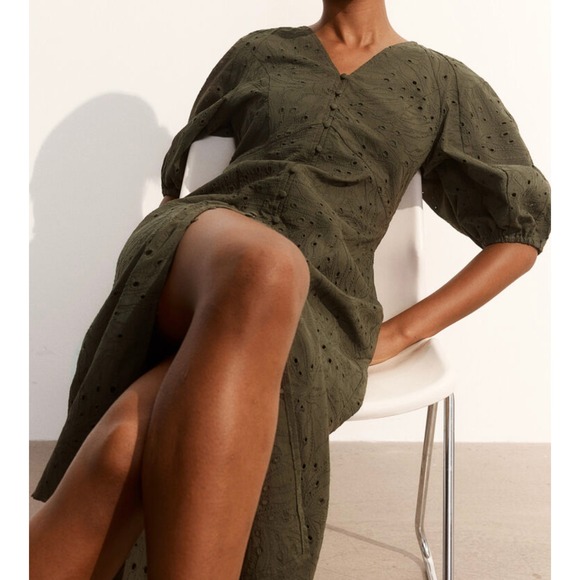 NWT H&M Eyelet Lace Puff Sleeve Midi Dress XL Boho Peasant Cottagecore Cowgirl - Picture 2 of 16